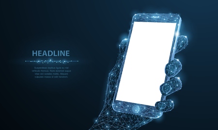 Mobile phone. Abstract polygonal wireframe closeup mobile phone with blank white empty screen in...