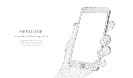 Mobile phone. Abstract polygonal wireframe closeup phone with blank white empty screen in holding man hand isolated on white. Illustration or background. Communication app smartphone conceptのイラスト素材