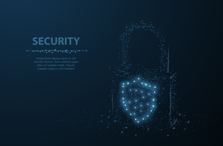 Lock. Polygonal wireframe mesh on dark blue night sky with dots and stars. Concept illustration or backgroundのイラスト素材