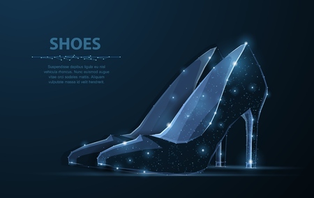 Woman shoe. Abstract vector polygonal female high heel shoe illustration on dark blue background with stars. Women fashion accessory. Elegance, glamour, beauty symbolのイラスト素材