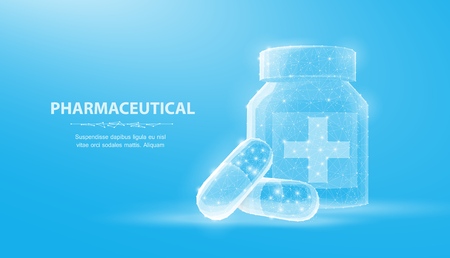 Pills. Abstract 3d illustration two capsule pills near bottle isolated on blue background.のイラスト素材