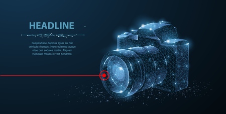 Camera. Abstract 3d polygonal wireframe modern professional camera isolated on blue.のイラスト素材