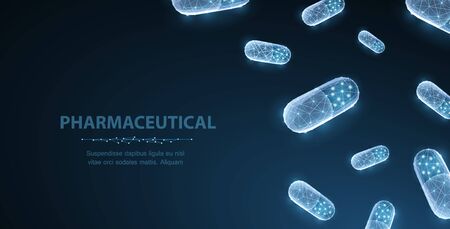 Pills. Abstract 3d polygonal wireframe two capsule pills on blue background with dots and stars.のイラスト素材