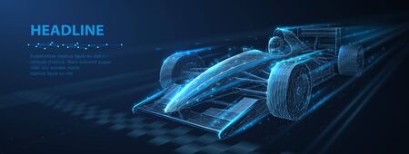 Abstract vector 3d f 1 bolide rasecar on speedway. Fast motion. Finish line. Success in competition, rase winner, business win concept.のイラスト素材
