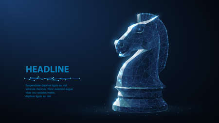 Knight. Abstract vector 3d chess knight isolated on blue. Business strategy, marketing solution, strategic vision, innovate technology concept.の写真素材