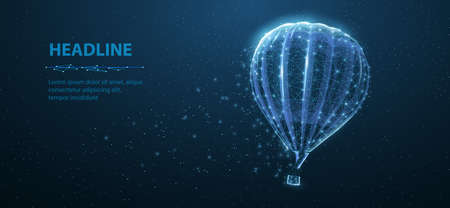 Hot air balloon and clouds on blue night sky backgrownd. Airship craft, fantasy journey, travel...