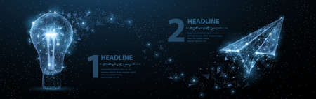 Bulb and paper plane infografic. Poligonal style. Digital dream, creative freedom, positive inspiration and positive illustration or background. Journey symbol.のイラスト素材