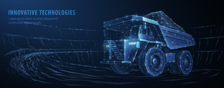 Heavy dump truck. Abstract 3d large dumper on blue. Mining machinery, industry equipment, big...