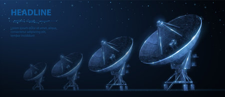 Abstract 3d satellite antenna. Radio telecommunication, astronomical telescope, military radar, universe research observatory, data transmit, satellite signal receiver conceptのイラスト素材