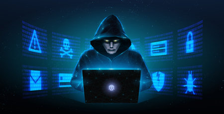 Hacker. Cyber criminal with laptop and related icons behind it. Cyber crime, hacker activity, ddos...