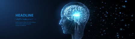 Human head in the form of lightbulb with brain inside. Digital age innovate.のイラスト素材