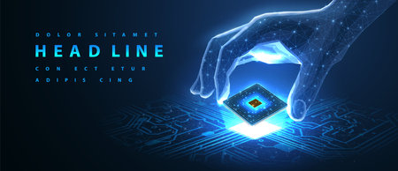 AI tech. Processor in digital hand on circuit board. Artificial intelligenceのイラスト素材