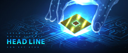 Computer chip. Microprocessor in digital hand on circuit board.のイラスト素材