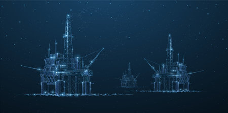 Oil rigs. Abstract 3d floating rig platforms isolated on blue. gas platform, offshore drilling, refinery plant, petroleum industryのイラスト素材