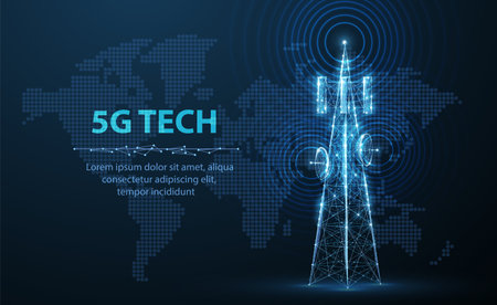 Abstract antenna mast with world map. 5G technology, telecommunication industryのイラスト素材