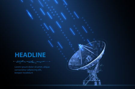 Abstract 3d satellite antenna. Radio telecommunication, astronomical telescope, military radar, universe research observatory, data transmit, satellite signal receiver conceptのイラスト素材