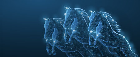 Jumping race horses. Low pole. Horse riding, equestrian sportのイラスト素材