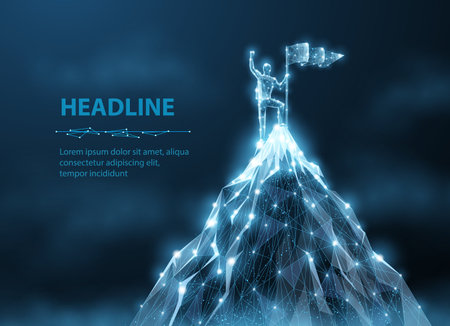 Man stands on the top of digital mountain. Company leader, Achieve victoryのイラスト素材