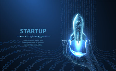 Startup. Rocket start from digital hand. Fast web developmentのイラスト素材