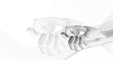 Compass in digital hand. business strategic explorer, Vision crisis, Mission path, Agency creativeのイラスト素材