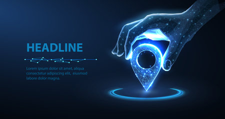 Digital hand set location on map with pin. AI technology in GPs, innovation deliveryのイラスト素材