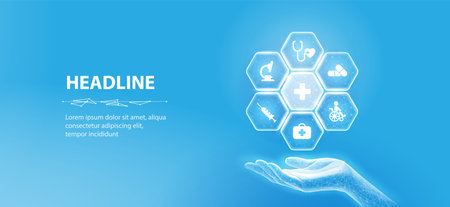 Medical icons inside hexagons around medical cross and holding hand. Health care technology, digital innovation, medical service conceptのイラスト素材