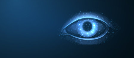 3D eye on blue background. Digital vision, ophthalmology health, face recognition.のイラスト素材