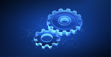 Digital gear mechanism. Engineer blueprint, technology innovation, motor engine.のイラスト素材
