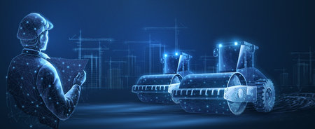 AI engineer and road rollers on the city construction background. Building site, construction machineのイラスト素材