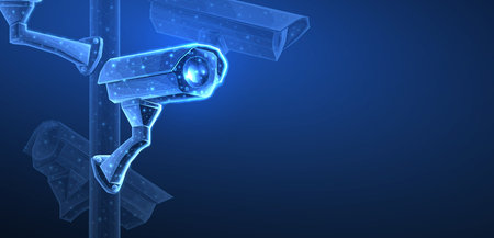 Security cameras. low pole illustration. Isolated on blue. Security system