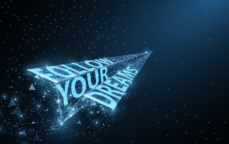 Follow your dreams. Low poly paper airplane with Motivational slogan on dark blue with dots and stars.のイラスト素材