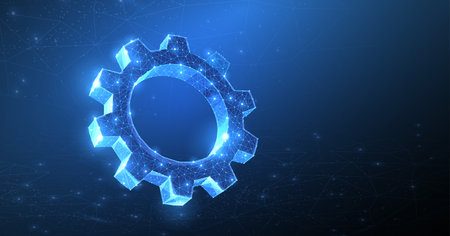 Gear. Abstract vector wireframeone gear 3d modern illustration on dark blue background.のイラスト素材