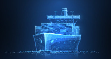 Worldwide cargo ship. Polygonal wireframe mesh art. Transportation, logistic, shipping concept illustration or backgroundのイラスト素材
