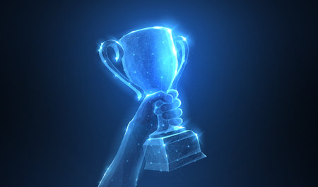 Hand with Trophy cup. Abstract vector 3d trophy isolated on blue background. Champions award, sport victory concept.のイラスト素材