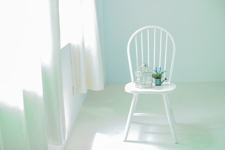 Green flowerpot on a white chair.の写真素材