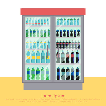 Empty and full showcase. Showcase with juice. Flat design, vector illustration, vector.Fridge full of bottles of water.Fridge with bottles drink beverages.のイラスト素材