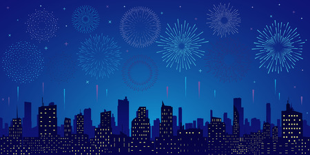 Exploding colorful fireworks display on night sky over cityscape, buildings. Stars,skyline and salute.のイラスト素材