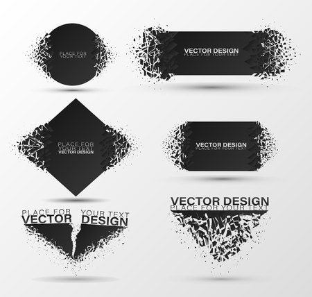Geometric banners.Abstract explosion of black glass.Square and circle destruction shapes.3d effect of particles.Vector illustration.のイラスト素材