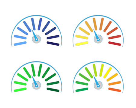 set of colored gauges showing power levels from low to high.The measuring device icon- sign tachometer, speedometer, indicators.のイラスト素材