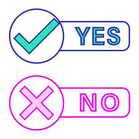 Check marks yes and no.Green checkmark OK and red X icons.Circle symbols YES and NO button for vote.のイラスト素材