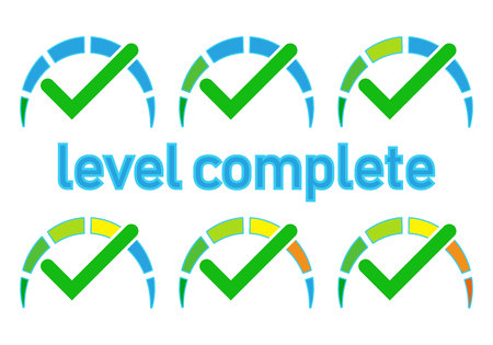 Vector set of colored gauges showing power levels from low to high.The measuring device icon- sign tachometer, speedometer, indicators. Vector illustration in flat style isolated on white backgroundのイラスト素材