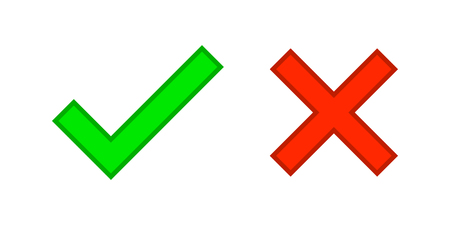 Check marks yes and no.Green checkmark OK and red X icons.Circle symbols YES and NO button for vote.のイラスト素材