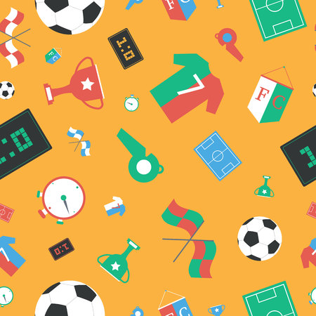 Soccer set icons with field, ball, trophy, scoreboard, flag, tee-shirt, stopwatch, whistle,   illustration.Flat Design Football.のイラスト素材