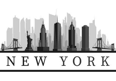 New York USA skyline and landmarks detailed silhouette, black and white design, vector illustration.のイラスト素材