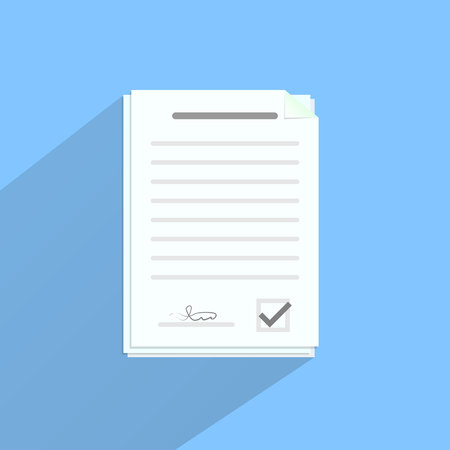 Cartoon design illustration for business documents, business report or agreement. Flat cartoon paper document pile or stack with user profile data and photo, concept of interview job,のイラスト素材