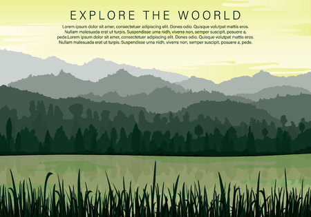 Silhouettes of mountains, hills and trees and lake. Sunset in huge mountains near lake with grass. Vector panorama.のイラスト素材