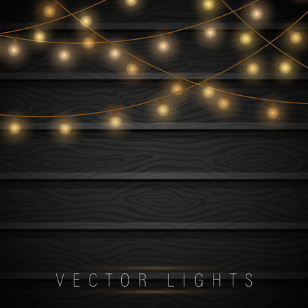 Christmas lights on wooden background. Happy New Year. Festive christmas decorations. Isolated realistic design elements. Space for text. Happy New Year.のイラスト素材