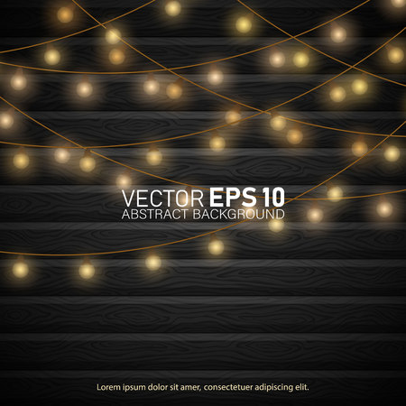 Christmas lights on wooden background. Happy New Year. Festive christmas decorations. Isolated realistic design elements. Space for text. Happy New Year.のイラスト素材