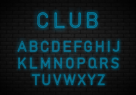 Light Neon Font Alphabet Vector.Bright blue lamp electric illuminated decoration, retro vintage advertising illustration. City blue font. Alphabet font. Vector illustration.のイラスト素材