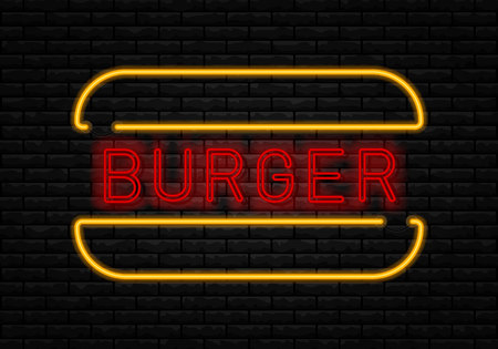 Fast Food neon sign vector. Burger cafe neon sign. Big Burger with frame. Glowing tasty big burger on dark brick wall.のイラスト素材